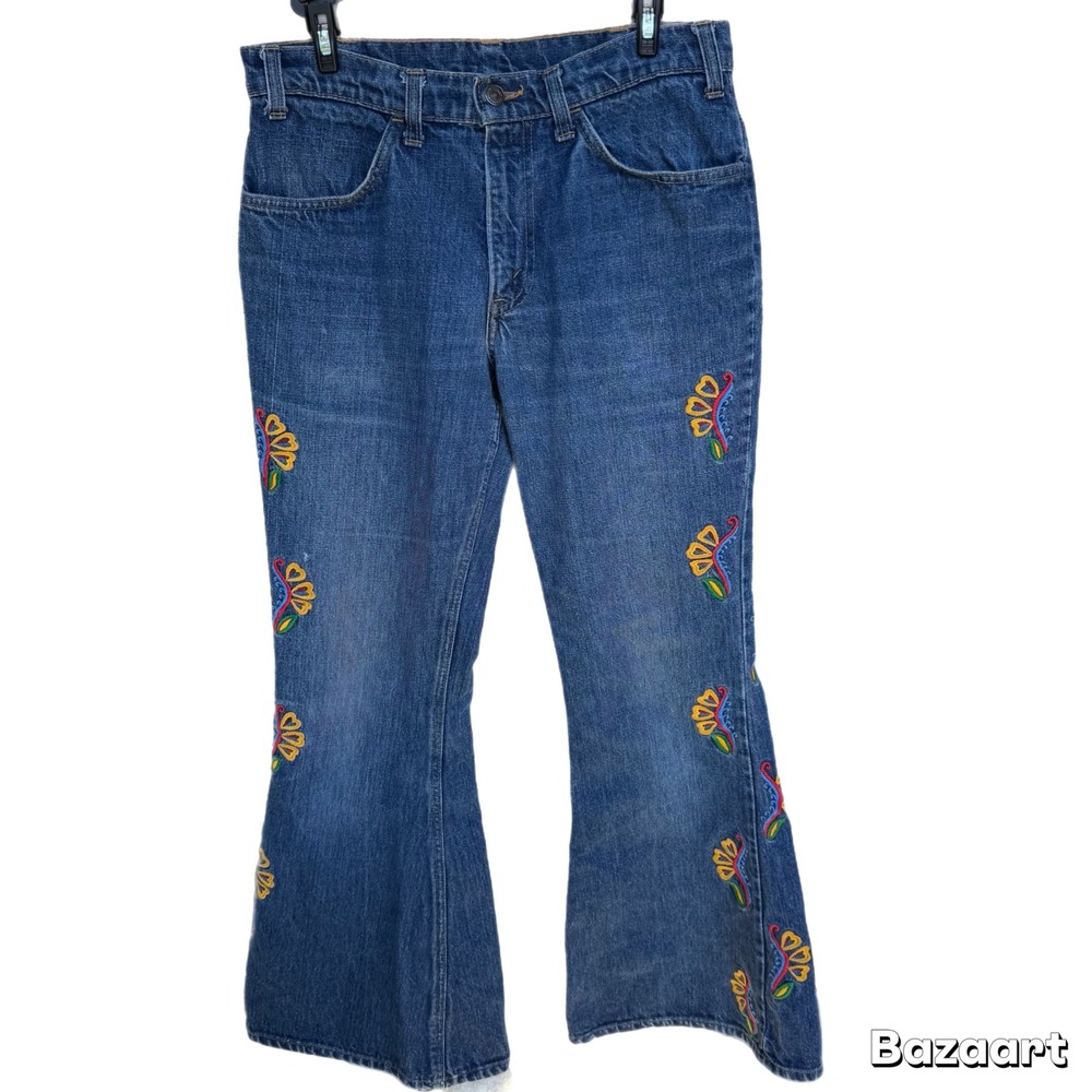 RARE Vintage Orange Tab Levi's Embroidered Bell Bottom Flare Boot Cut Jeans